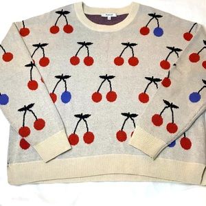 Madewell Cherry Print Jacquard Pullover Sweater Womens Size Medium *Flaw Read*